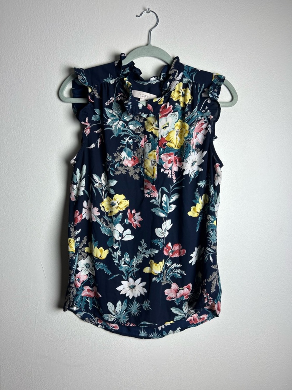 LOFT Navy Floral Ruffle Mock-Neck Sleeveless Blouse